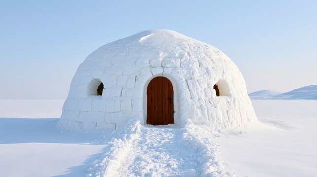 Large round igloo made of ice blocks with  brown wooden door in  vast snowy arctic landscape terrain