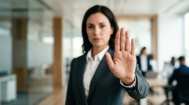 A professional woman in a business suit making a stop hand sign to prevent sexual harassment and violence.