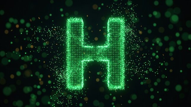 Glowing green letter H formed by streaming binary digits and digital particles on a dark background.