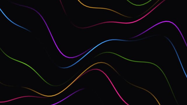 Vibrant abstract multicolored wavy lines intersect on a dark background