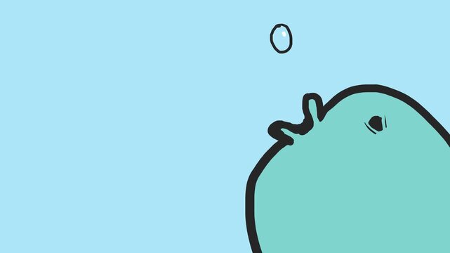 A sad, plump dolphin, killer whale, or similar underwater mammal blows bubbles.