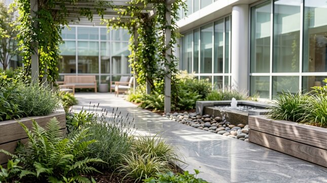 Serene modern garden courtyard with lush greenery, wooden planters, stone fountain, glass building facade, corporate office landscaping, peaceful outdoor relaxation space, archi...
