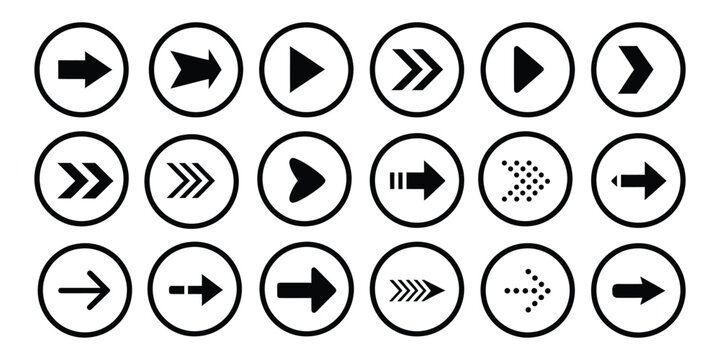 Arrow buttons icons set with black circular direction pointer interface elements. Vector illustration of abstract next page navigation and forward dynamic movement collection, minimalist flat outline.