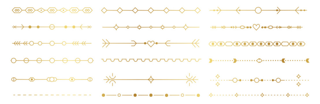 Golden decorative dividers set with elegant geometric line borders. Vector illustration of abstract metallic filigree arrow heart pattern collection, luxury wedding invitation header ornament.
