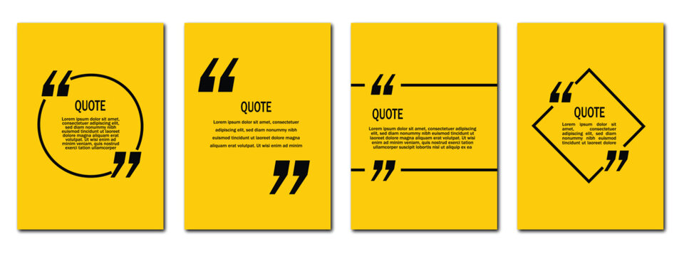 Yellow quote post layouts set with minimalist black quotation frames for social media text. Vector illustration of abstract dialogue banner message card collection, modern business testimonial block.