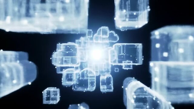 Abstract digital cloud network, data storage and transfer, futuristic technology, glowing blue particles and connections on black background