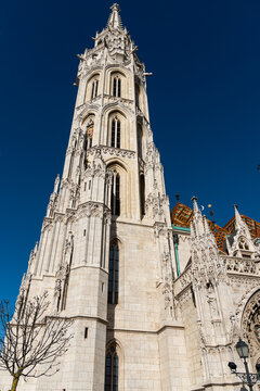 Gothic Church Tower Against Clear Blue Sky