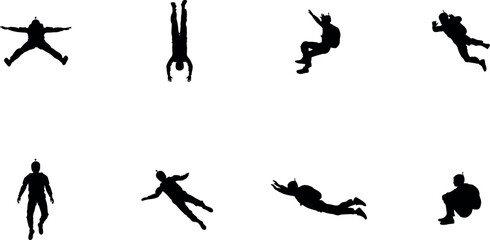 Skydiver silhouettes set with parachutists in freefall jumping diving flying and wearing parachutes extreme sport © Mst