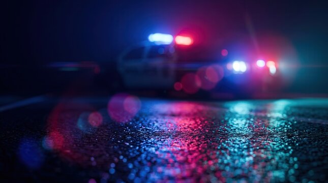 Blurred police flashing lights at a dark crime scene illustration.