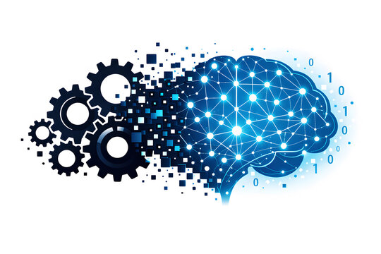 Artificial intelligence digital brain icon transforming into mechanical gear wheels with pixel shards and binary code on a white background