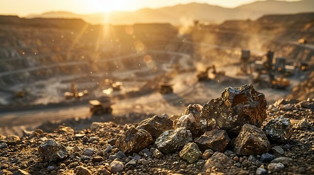 Open pit gold mining site with a soft focus foreground and precious metal extraction operation.