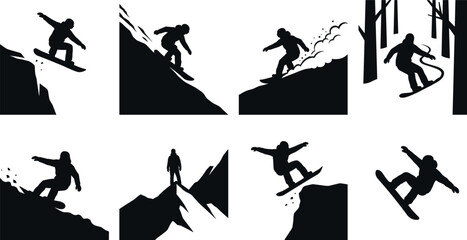 Snowboarder silhouettes set with riders jumping from cliff carving down slope and standing on mountain peak vector illustration © Mst