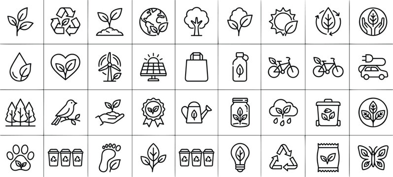 Ecology and green environment line icon set featuring recycling, renewable energy, organic leaves, sustainable lifestyle, and nature vector.