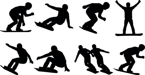 Snowboarder silhouettes set with riders speeding carving balancing and celebrating vector illustration © Mst