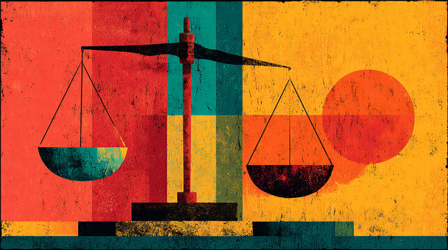Balancing scale symbol on a textured abstract background with vibrant geometric shapes and colors
