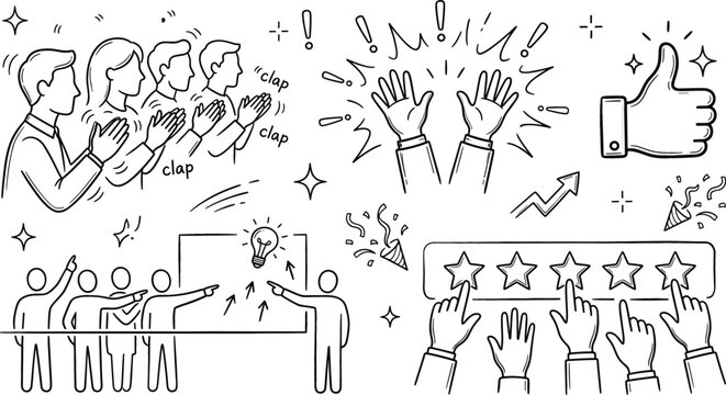 Appreciation and feedback vector doodle set with audience clapping thumbs up rating stars hands and success icons isolated
