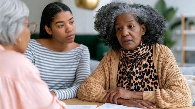 Three generations of women sitting together discussing documents, serious multigenerational family conversation about healthcare and caregiving decisions.
