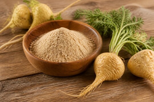Maca root powder and fresh maca roots on wooden surface