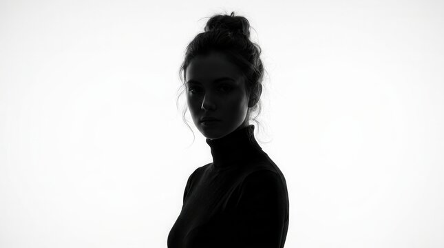 Minimalist backlit portrait of a person in a black turtleneck with a messy bun.