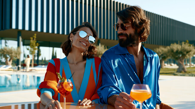 Stylish couple in colorful outfits enjoying cocktails at luxury poolside resort, smiling and relaxed under sunny sky with modern architecture in background.