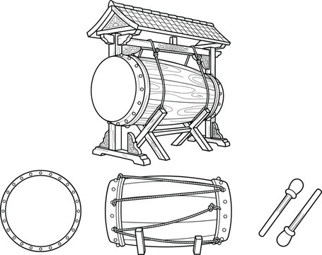 Traditional Asian Bedug Mosque Drum And Musical Percussion Instruments Line Art Vector Set