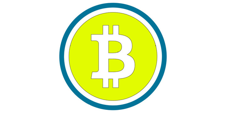 Minimalist digital cryptocurrency token design featuring a bold black bitcoin symbol on a vibrant yellow circular field with a dual-toned blue and black border isolated on transparent background