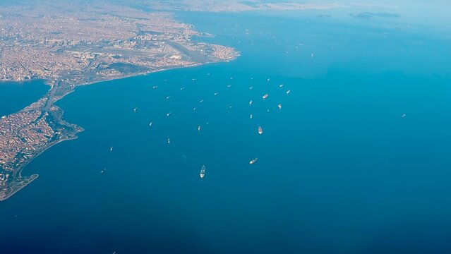 aerial view of the oil tankers in the sea