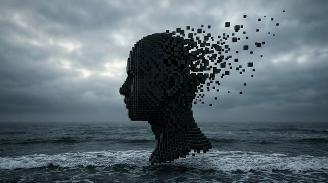 A pixelated human head composed of black cubes disintegrating into scattered squares above ocean waves.