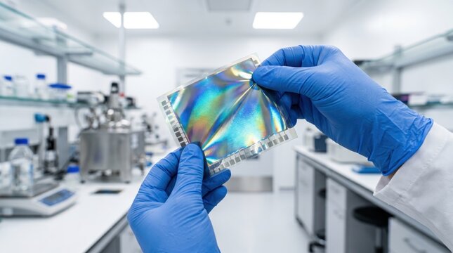 Scientist examining advanced nanotechnology material in laboratory, research and development concept, high-tech innovation, flexible electronics manufacturing, futuristic scienc...
