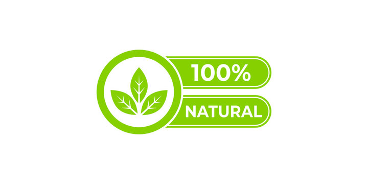 Green one hundred percent natural organic product badge emblem with leaves isolated on transparent background