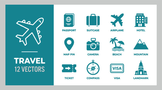 Set of 12 travel vector icons including passport suitcase airplane hotel map pin camera beach mountain ticket compass visa and landmark
