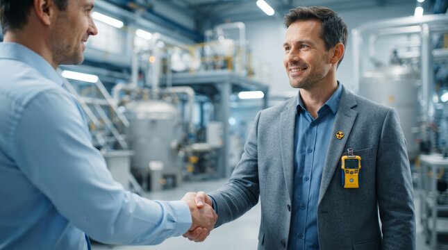 Two professionals shake hands during a nuclear materials processing deal.