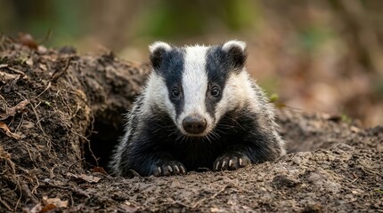 Obraz premium A curious badger peering from its burrow, showing expressive eyes and soft fur.