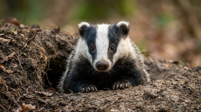 A curious badger peering from its burrow, showing expressive eyes and soft fur.