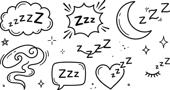 Hand drawn sleep doodle icons featuring snoring symbols moon dreams bedtime clouds speech bubbles and peaceful night elements