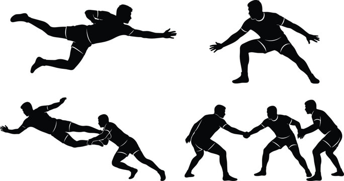 Traditional Indian Kabaddi Player Action and Defensive Tackle Pose Silhouette Vector Icon Set