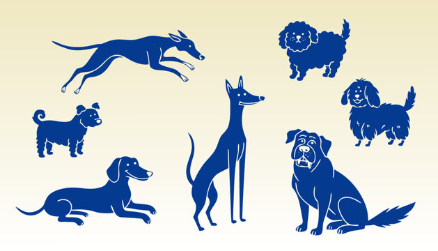 Set of dog breeds vector illustrations in blue line art. Various canine silhouettes and pets icons for design projects and print media.