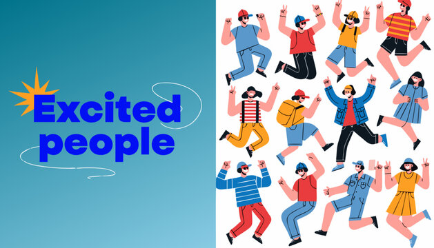 Diverse group of excited people jumping in celebration. Joyful multicultural team showing success and happiness in flat vector illustration.