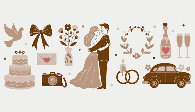 Wedding couple embracing with romantic celebration icons. Vector set of marriage love symbols and decorative elements for invitations.