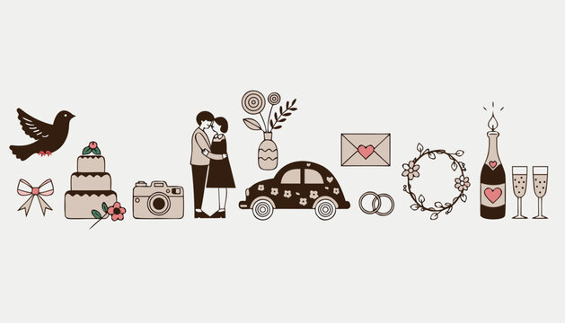 Wedding couple celebrating with classic romance icons. Vector illustration of love, marriage, and vintage wedding elements in line art style.