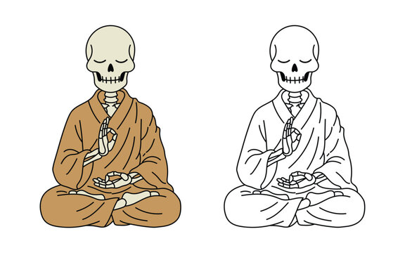 Meditating skeleton monk with color and outline versions isolated on white background.