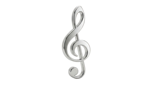 Metallic treble clef music note icon, glossy silver musical symbol, elegant melody design element isolated on Transparent Background
