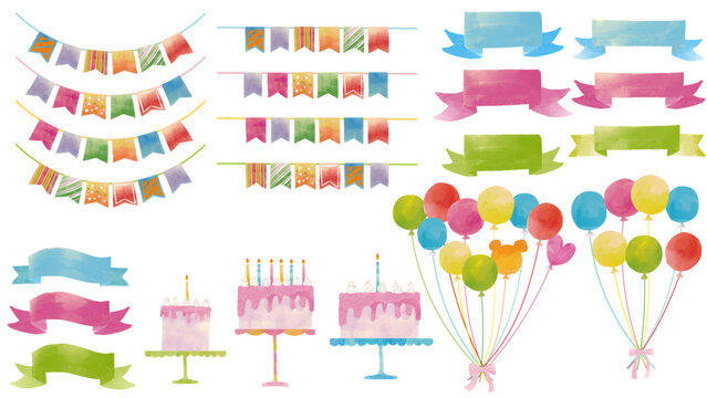 水彩風 かわいいハッピーバースディセット2(ケーキ、ガーランド、バルーン、見出し) Happy Series:Cute Watercolor-Style Happy Birthday Set 2 (Cake, Garland, Balloons, Headings)