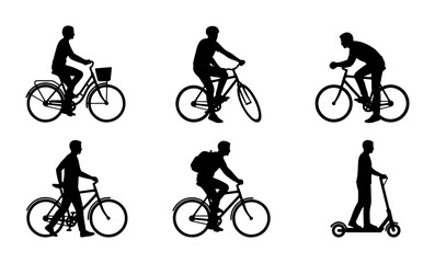 Obraz premium Six Silhouette Vector Icons: Cyclists and Scooter Rider, Urban Mobility and Recreation, Black on White