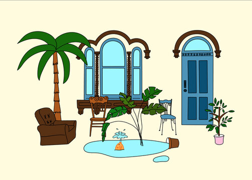 A cozy home interior illustration featuring a comfortable sofa, houseplants, a window, and a door, enhanced with a touch of imagination. The warm and relaxing atmosphere blends everyday living with wh