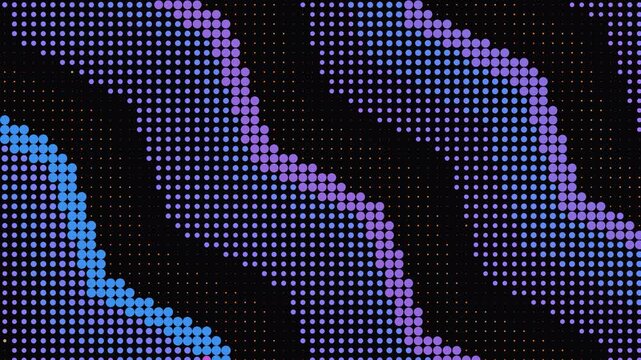 Vibrant abstract blue and purple pixels form wavy patterns on a black background