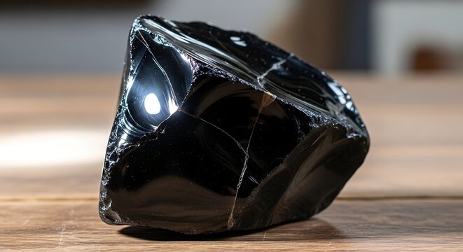 Polished Black Obsidian Stone on Wooden Surface for Healing and Meditation.