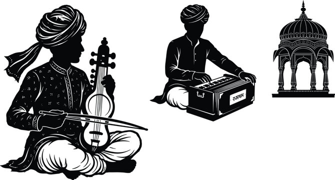 Traditional Rajasthani Folk Musicians Silhouette Set with Sarangi Harmonium and Heritage Chhatri
