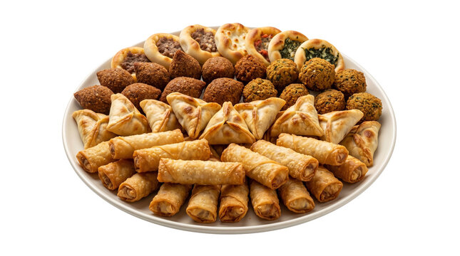 Middle Eastern appetizer platter with falafel and kibbeh, traditional Lebanese mezze assortment, savory fried pastries and fatayer snacks isolated on White Background