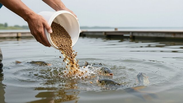 A farmer pours pellets into a pond where hungry fish eagerly splash and compete for the feed.
